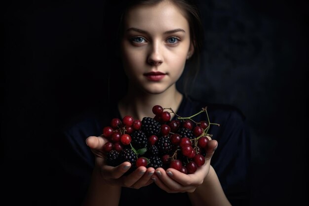 Cropped portrait of a beautiful woman holding berries in her hands created with generative ai