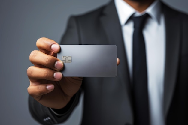 Cropped portrait of a businessman in a dark formal suit and tie holding a bank card in his hand in front of him Successful entrepreneur uses a credit card Cashless payment concept Mockup