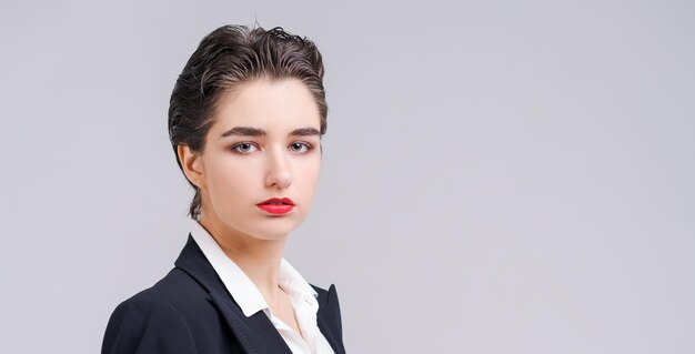 Cropped portrait caucasian successful confident CEO young woman in formal wear