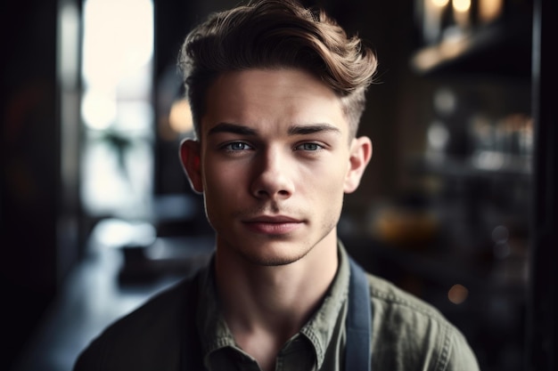 Cropped portrait of a handsome young man standing in his coffee shop created with generative ai