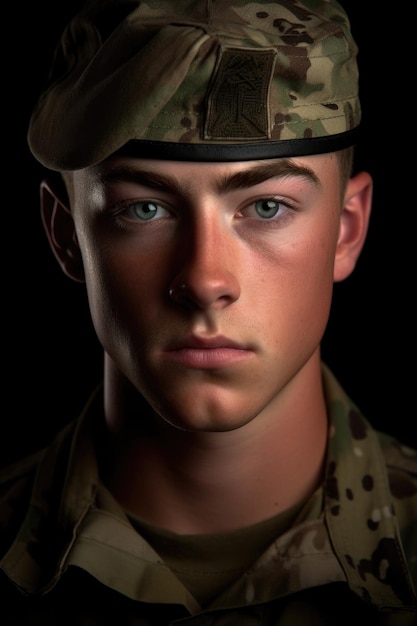 A cropped portrait of a handsome young soldier in army gear created with generative ai