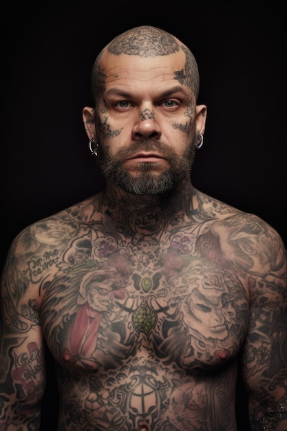 A cropped portrait of a heavily tattooed man created with generative ai