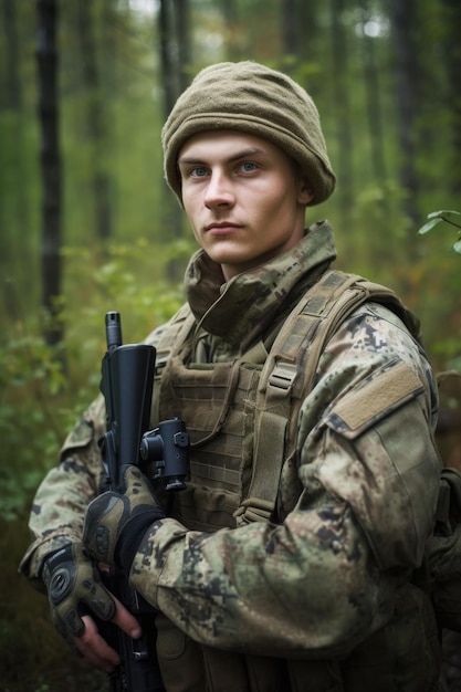 Cropped portrait of a soldier holding his gun in the forest created with generative ai