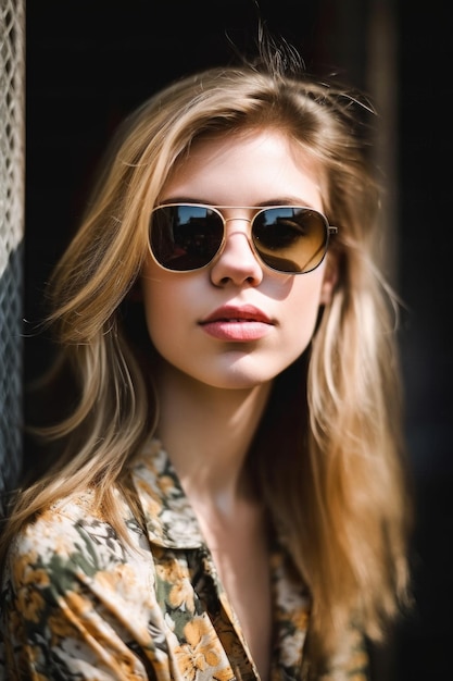 Cropped portrait of a stylish young woman wearing shades created with generative ai