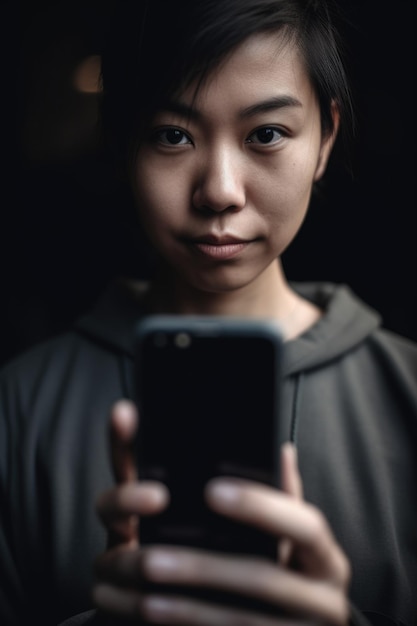 Обрезанный портрет неузнаваемой женщины, держащей смартфон