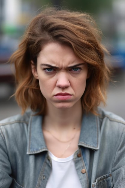 Cropped portrait of a woman looking angry while sitting outside created with generative ai