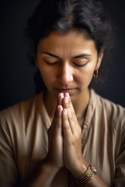 Обрезанный портрет женщины с руками, соединенными в молитве, созданный с помощью генеративного аи