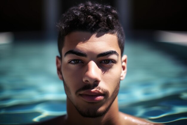 Cropped portrait of a young man in the pool created with generative ai