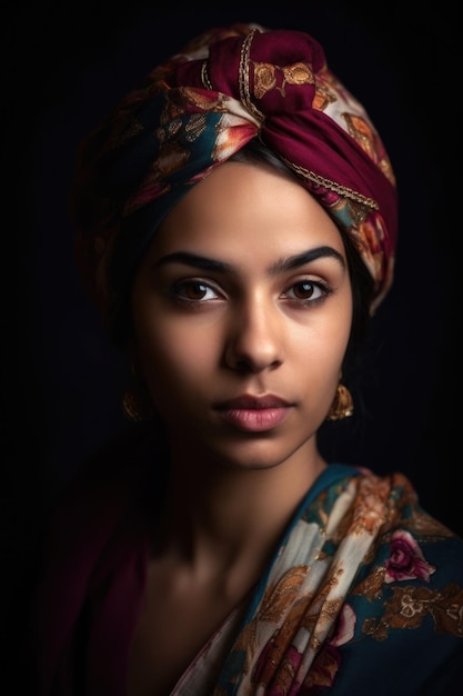 Cropped portrait of a young woman in a turban created with generative ai