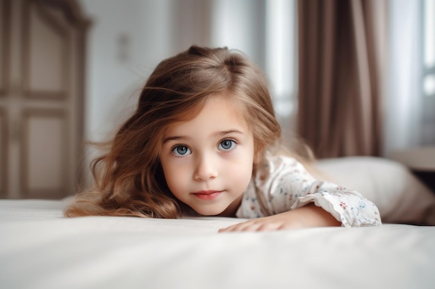 Cropped shot of an adorable little girl lying on a bed at home created with generative ai