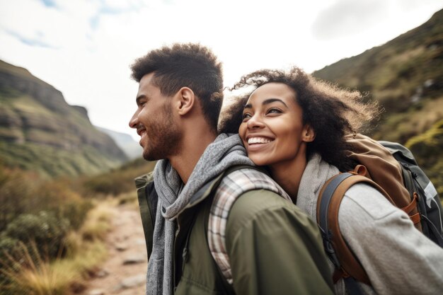 Cropped shot of an affectionate young couple enjoying a hike together created with generative ai