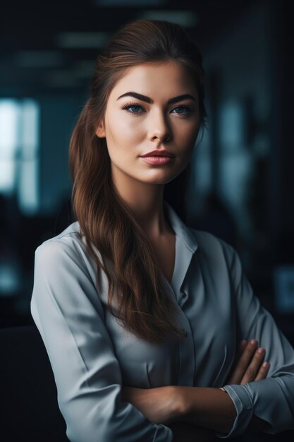 Обрезанный снимок привлекательной молодой бизнесменки, стоящей в современном офисе.