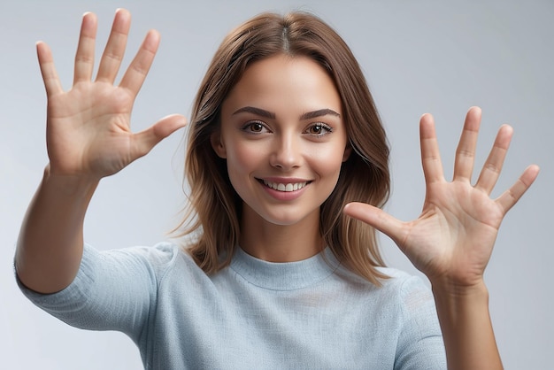 Cropped shot of an attractive young woman giving you a high five in studio created with generative ai