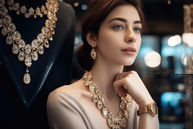 Cropped shot of an attractive young woman in a jewellery store created with generative ai