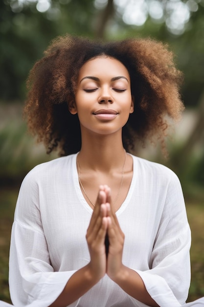 Обрезанный снимок привлекательной молодой женщины, медитирующей на открытом воздухе