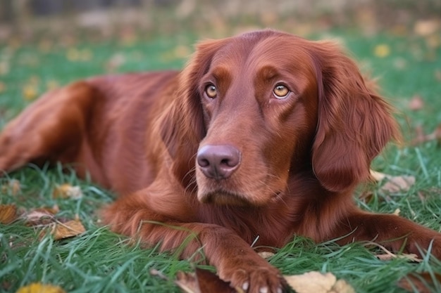 Cropped shot of a beautiful red setter lying on the grass outdoors created with generative ai