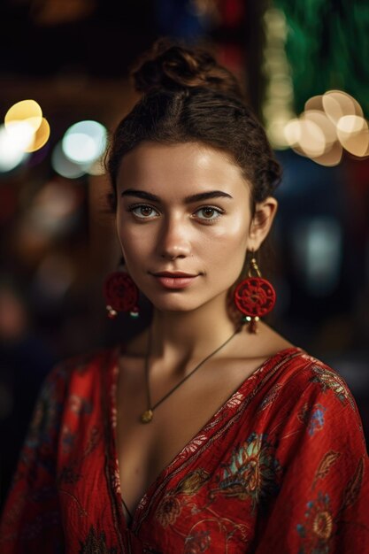 Cropped shot of a beautiful young woman in an exotic foreign market created with generative ai