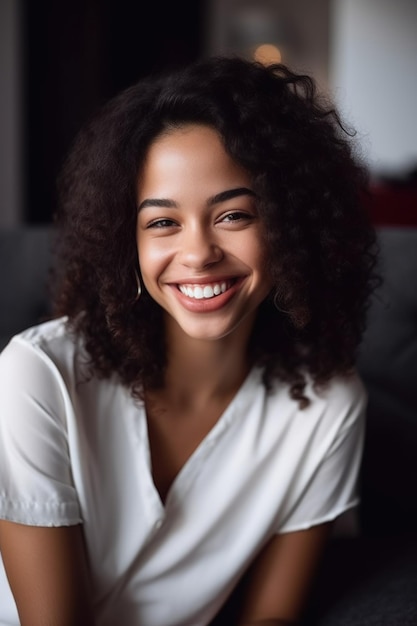 cropped shot of a beautiful young woman sitting on her sofa and smiling created with generative ai