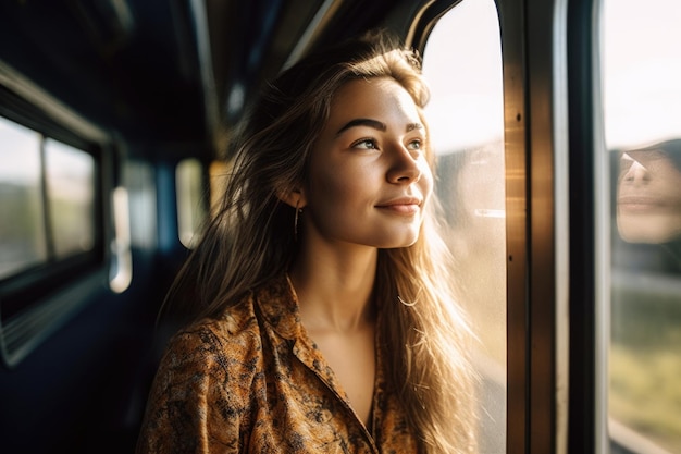 Cropped shot of a beautiful young woman traveling abroad by train created with generative ai