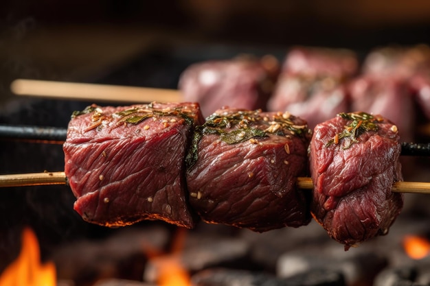 Cropped shot of beef on a skewer at a barbecue grill created with generative ai