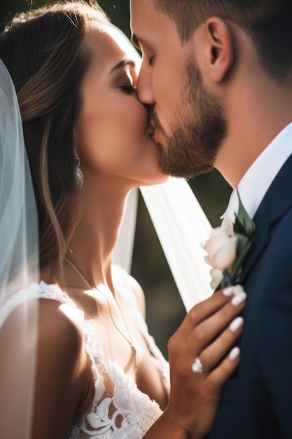 Foto scatto ritagliato di una sposa e uno sposo che si baciano il giorno del loro matrimonio creato con l'ia generativa