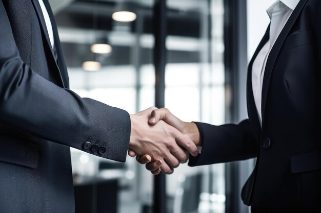 Cropped shot of a businessman and businesswoman shaking hands created with generative ai