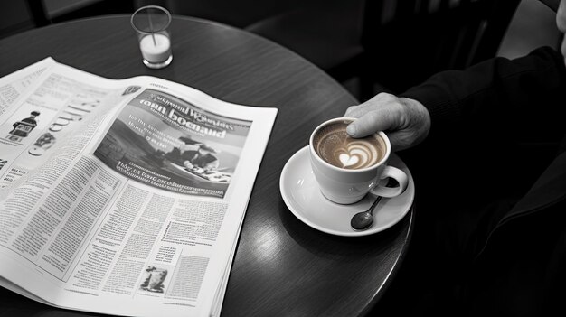 Foto ritaglio di un uomo d'affari in abito con una tazza di caffè e un giornale in lettura in un caffè