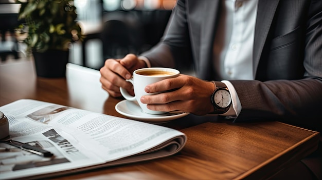 cropped shot of businessman in suit with coffee cup and reading newspaper in cafe