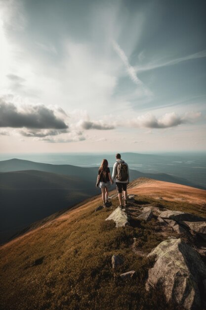 Cropped shot of a couple on the top of a mountain created with generative ai