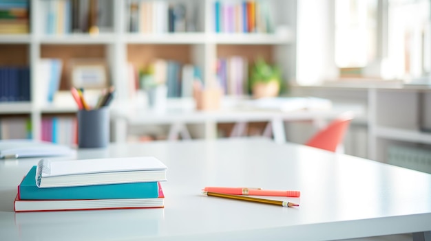 Cropped Shot of a Cozy Study Room with White Table Books and Stationery