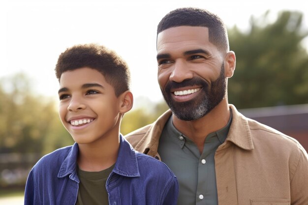 Cropped shot of a father and his son standing outside created with generative ai