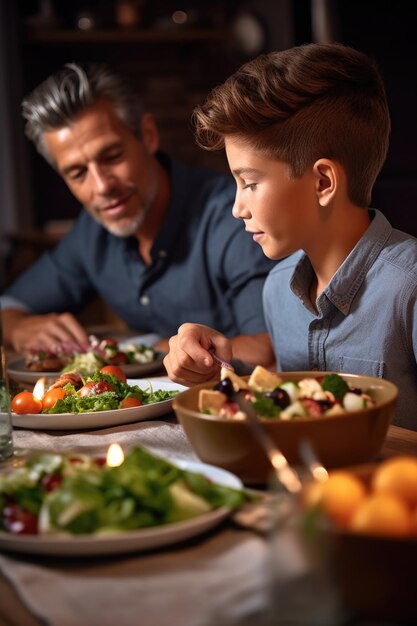 Cropped shot of a father and son enjoying a salad at the dinner table created with generative ai