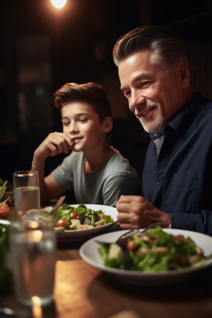 Cropped shot of a father and son enjoying a salad at the dinner table created with generative ai