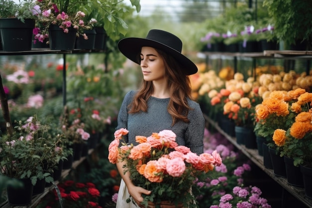 생성 AI로 만든 식물 보육실에 서 있는 여성 꽃 가게의 절단 