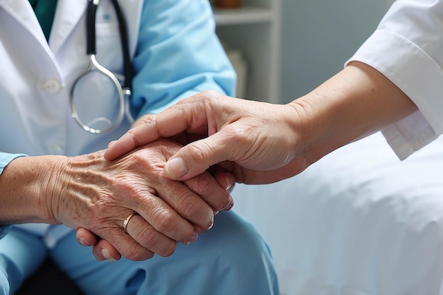 Cropped shot of a female nurse hold her senior patients hand Giving Support Doctor helping old patient with Alzheimers disease Female carer holding hands of senior man