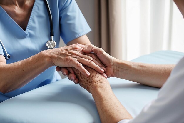 Foto immagine ritagliata di un'infermiera che tiene la mano dei suoi pazienti anziani dando supporto al medico che aiuta un vecchio paziente con la malattia di alzheimer un assistente femminile che tiene le mani di un uomo anziano