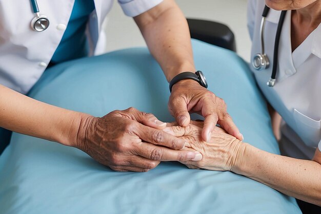Foto immagine ritagliata di un'infermiera che tiene la mano dei suoi pazienti anziani dando supporto al medico che aiuta un vecchio paziente con la malattia di alzheimer un assistente femminile che tiene le mani di un uomo anziano