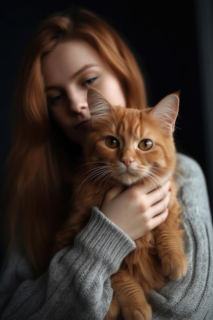 Cropped shot of a female pet owner holding her cat created with generative ai