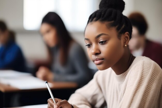 Cropped shot of a female student taking notes during class created with generative ai