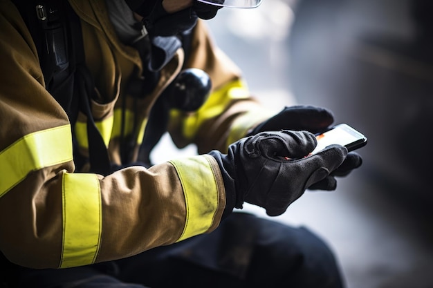 Обрезанный снимок пожарного, использующего свой мобильный телефон, созданный с помощью генеративного ИИ