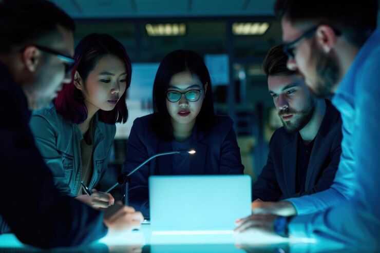 Cropped shot of a group of businesspeople gathered around a laptop in the boardroom during a meeting