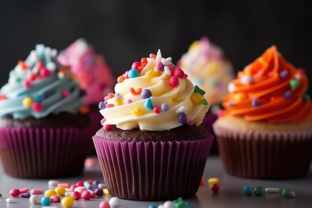Cropped shot of a group of delicious cupcakes created with generative ai