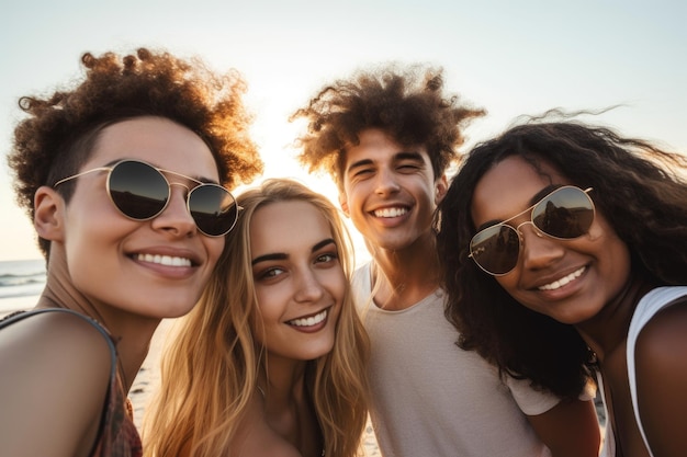 Cropped shot of a group of friends taking pictures together at the beach created with generative ai
