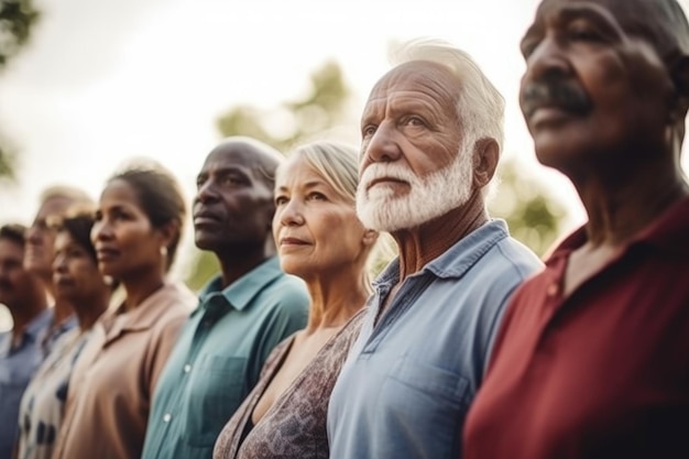 Обрезанный снимок группы людей, стоящих вместе в своем сообществе, созданный с помощью генеративного искусственного интеллекта