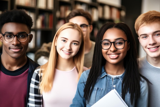 Cropped shot of a group of university students in the campus library created with generative ai