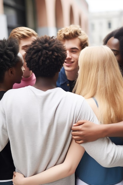 Cropped shot of a group of young people standing in a huddle in the city