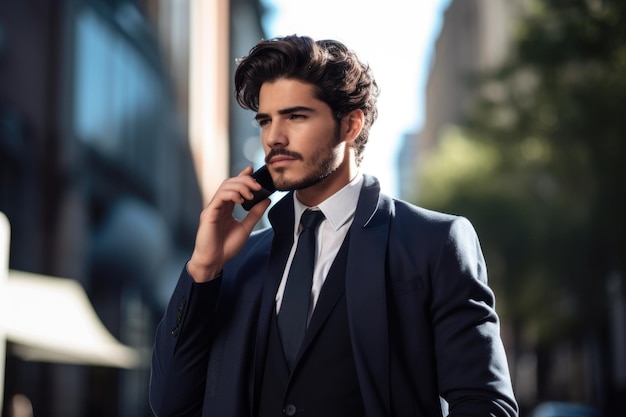 Обрезанный снимок красивого молодого бизнесмена, разговаривающего по мобильному телефону, созданный с помощью генеративного ИИ