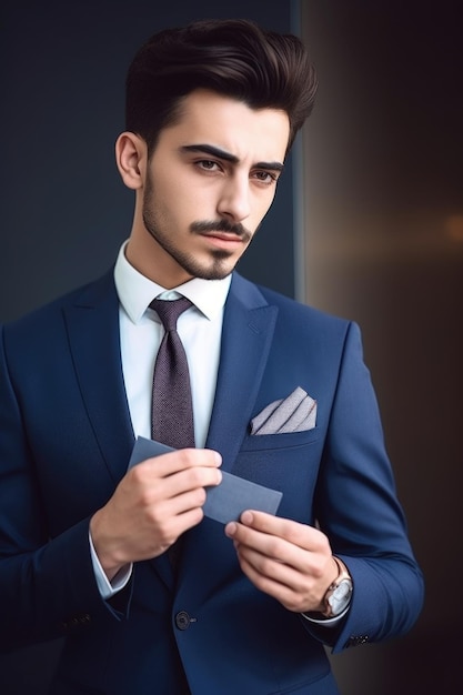 Cropped shot of a handsome young businessman holding his business card created with generative ai