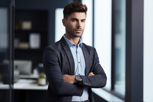 Cropped shot of a handsome young businessman standing alone in the office created with generative ai