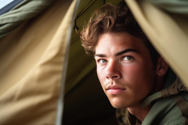 Cropped shot of a handsome young man looking out from his tent created with generative ai